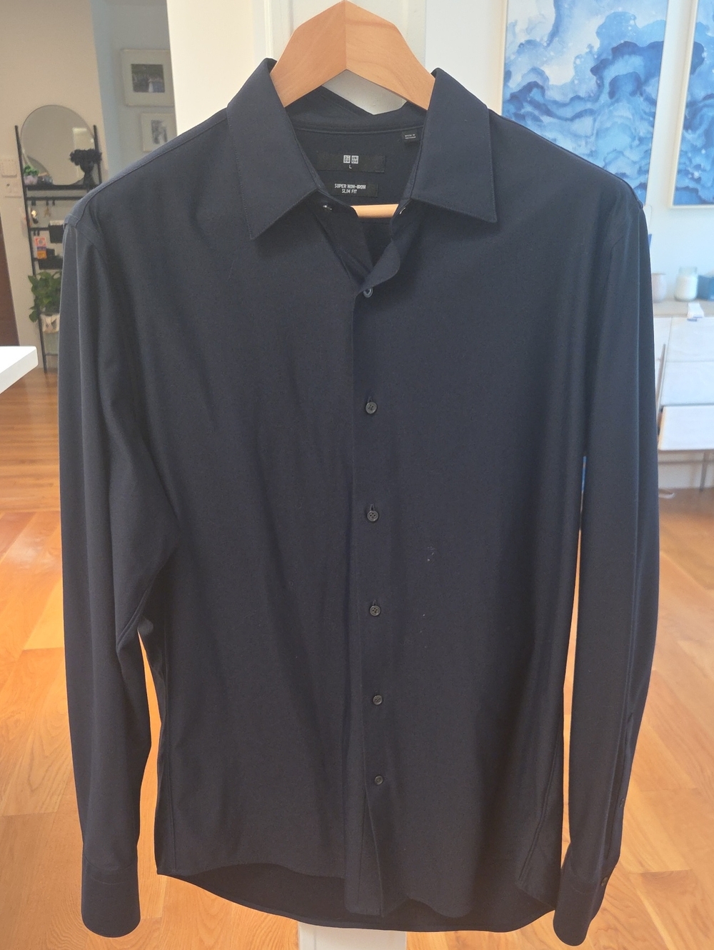 Uniqlo Mens Super Non-Iron Slim Fit Dark Navy Long-Sleeve Jersey Dress Shirt (L)